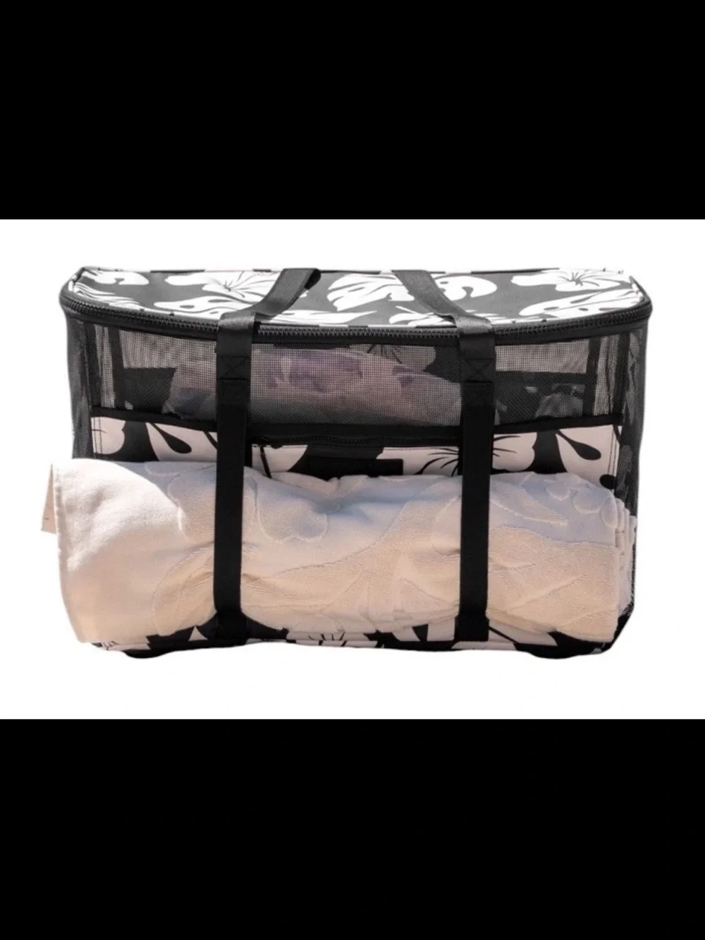NWT Aloha Collection CleverMade Collapsible Beach Tote Bag Fold Flat Mesh Black